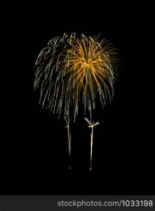 Beautiful Golden fireworks exploding in the night sky, isolated on black background. New year and anniversary concept.
