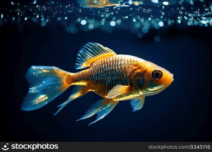Beautiful golden fish in water. Ocean or sea inhabitant, marine life. Underwater creature. Generative AI. Beautiful golden fish in water. Ocean or sea inhabitant, marine life. Underwater creature. Generative AI.