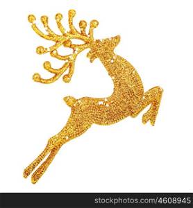 Beautiful golden reindeer toy isolated on white background, little Santa helper decoration, Christmas tree bauble&#xA;