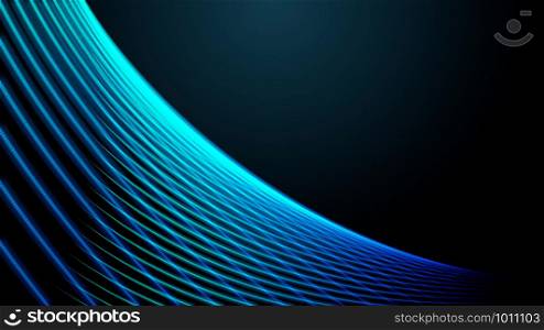 Beautiful green blue abstract magical energy electric spiral spun cosmic fiery parallel lines, stripes glittering glowing on dark background. illustration. Texture.