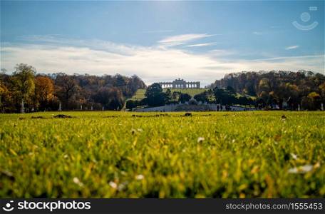 Beautiful green field before Schonbrunn Palace in Vienna, Austria with blurred grass of forefront on a blue sky background on a sunny autumn day.. Green field before Schonbrunn Palace in Vienna on a blue sky background.