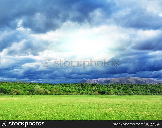Beautiful green meadow and deep sky. Landscape design.. Beautiful landscape