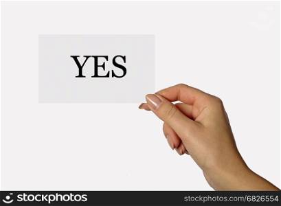 Beautiful hand of a young girl holding a card on a white background with the word YES