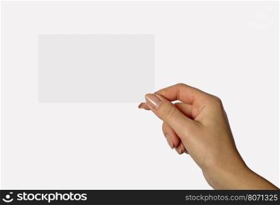 Beautiful hand of a young girl holding a card on a white background
