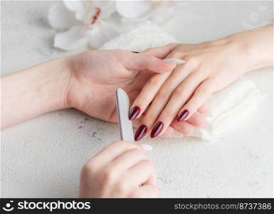 Beautiful hands of a young woman with dark red manicure on nails. Manicure process. 