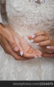 Beautiful hands of newlyweds embrace each other holding wedding rings.. Hugs of newlyweds with wedding rings 2782.