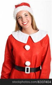 Beautiful happy blonde woman in Santa Claus clothes smiling. Young female with blue eyes and freckles in the face, isolated on white