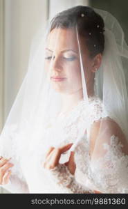 Beautiful happy bride with a veil on her head standing near the window. Natural light from the windows.