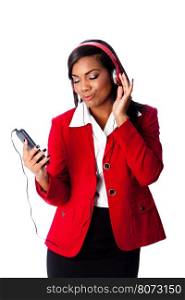 Beautiful happy business woman jamming listening to music on wireless mobile phone, on white.