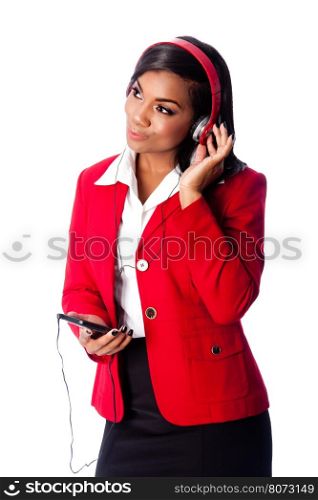 Beautiful happy business woman listening to podcast or music on wireless mobile phone, on white.