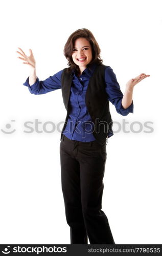 Beautiful happy business woman with expression of fun, smiling and laughing, with hand in air, isolated.