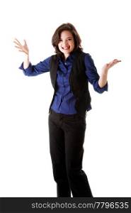 Beautiful happy business woman with expression of fun, smiling and laughing, with hand in air, isolated.