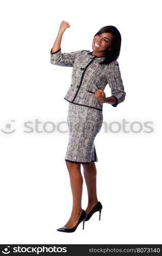 Beautiful happy cheering business woman celebrating joyfully, on white.