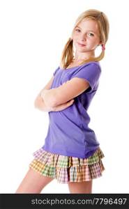 Beautiful happy cute teenager girl with skirt and purple shirt summer fashion, isolated.