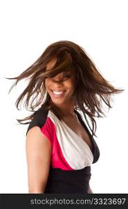 Beautiful happy smiling African American business woman in black with white and pink dress swirling and twirling her long hair while turning head, isolated.