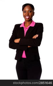 Beautiful happy smiling African corporate business student woman in suit standing with arms crossed, isolated.