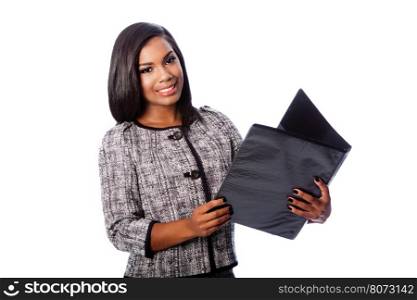 Beautiful happy smiling business woman holding portfolio binder, on white;