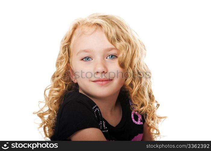 Beautiful happy smiling face of a young girl with golden blond hair and blue eyes, isolated.