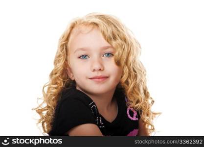 Beautiful happy smiling face of a young girl with golden blond hair and blue eyes, isolated.