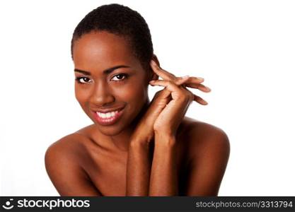 Beautiful happy smiling inspiring African woman with short curly hair and great skin showing teeth, isolated.
