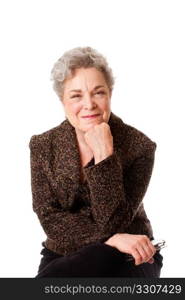 Beautiful happy smiling senior woman expression holding glasses relaxed, isolated.