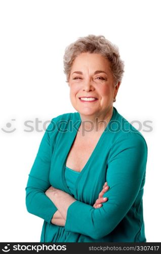 Beautiful Happy smiling senior woman with gray hair and arms crossed, isolated.