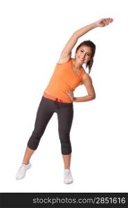 Beautiful happy smiling young woman doing fitness exercise stretching for good health, isolated.