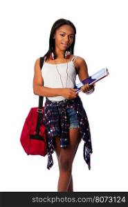Beautiful happy student standing with binders and bag, on white.
