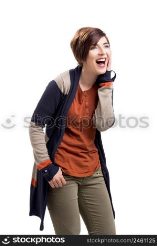 Beautiful happy woman laughing, isolated over a white background
