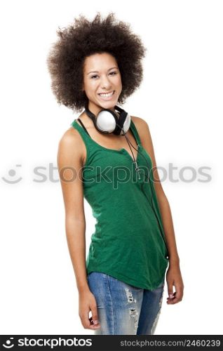 Beautiful happy woman laughing with headphones on the neck, isolated on white background