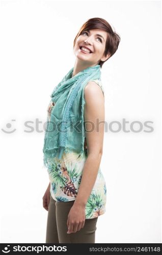 Beautiful happy woman smiling, isolated over white background