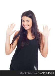 beautiful happy young woman in black dress and hands in the air