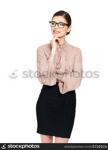 Beautiful happy young woman in glasses and beige shirt with black skirt- isolated on white background&#xA;