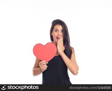beautiful happy young woman who is holding a big red heart for valentine&rsquo;s day