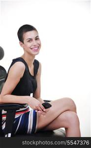 beautiful hapy young female woman brunette model posing on ergonomic business chair