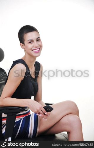 beautiful hapy young female woman brunette model posing on ergonomic business chair
