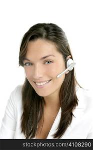 Beautiful headset businesswoman portrait with white suite
