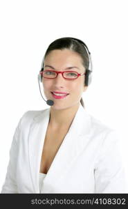 Beautiful headset businesswoman portrait with white suite