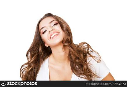 beautiful healthy cheerful woman with smile on white background