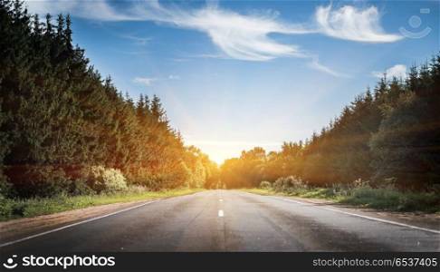 Beautiful highway road. Beautiful highway road. Summer day landscape background. Beautiful highway road