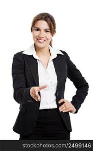 Beautiful hispanic business woman giving a handshake, over a white background. Business woman