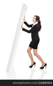 Beautiful hispanic business woman holding a wall falling over her, isolated over white background