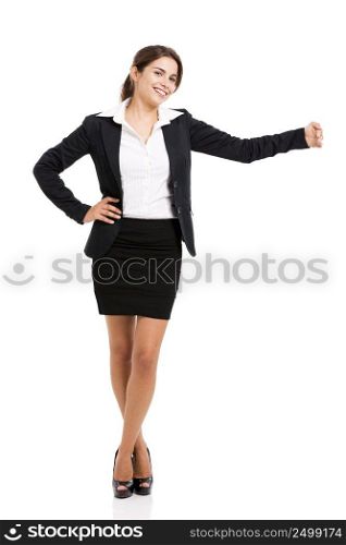 Beautiful hispanic business woman smiling and embracing an imaginary friend, isolated over a white background
