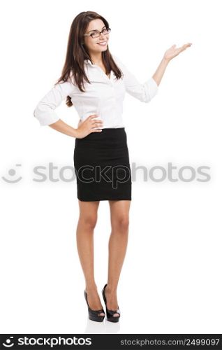 Beautiful hispanic business woman smiling over a white background presenting something