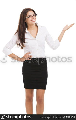 Beautiful hispanic business woman smiling over a white background presenting something