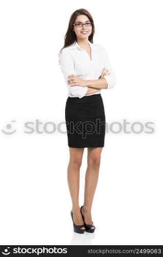 Beautiful hispanic business woman smiling with hands folded, over a white background