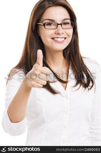 Beautiful hispanic business woman smiling with thumbs up, over a white background. Business woman with thumbs up