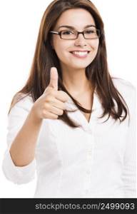 Beautiful hispanic business woman smiling with thumbs up, over a white background. Business woman with thumbs up