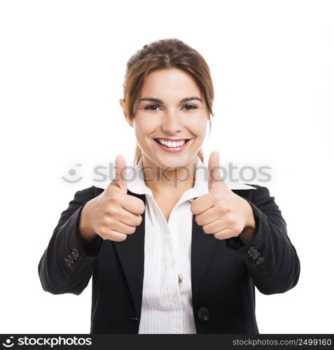 Beautiful hispanic business woman smiling with thumbs up, over a white background