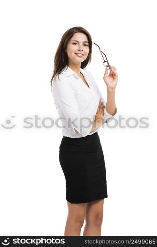 Beautiful hispanic business woman with glasses, over a white background. Business woman